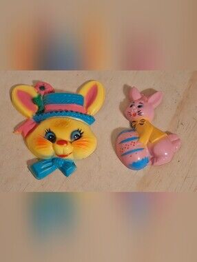 Vintage 60s Kitschy Plastic Easter Bunny Cake Toppers, Set Of 2, Hong Kong